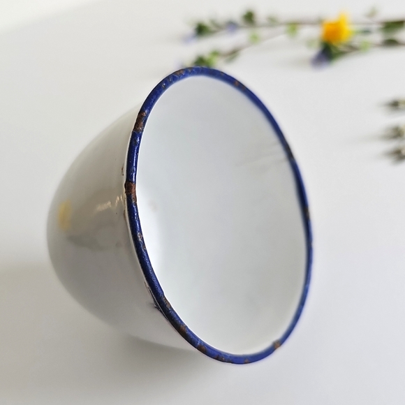 Antique K.E.R. Sweden White Enamelware Cup Blue White Trim Coffee Small Teacup - Picture 13 of 16